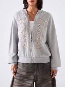 LYSMO Women's Zipper Front Drop Shoulder Long Sleeve Casual Sweatshirt - Light Grey - View 5
