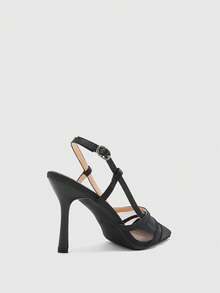 CUCCOO BIZCHIC Women's Satin Mesh Stitching Slingback High Heels, Pointed Toe Double Strap Stiletto Shoes - Black satin - View 5