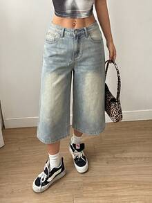 SHEIN Celana Jeans Denim Pendek Kasual Retro Wanita - Medium Wash - View 5