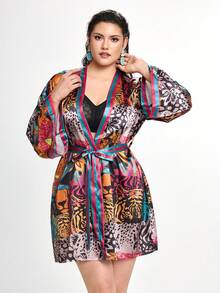 Slumbrini Plus Size Tiger Plant Pattern Contrast Stripe Satin Robe - Multicolor - View 6