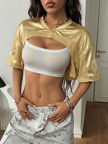 Coolane 女款白色金屬色網紗拼接緞面印花短袖短版上衣，夏季街頭穿搭 Y2K 夜店辣妹風音樂祭穿搭 - 金色 - 查看 6