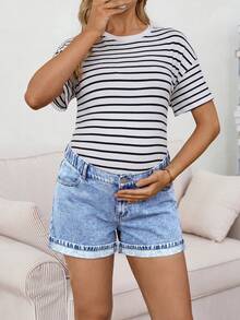 SHEIN 孕婦牛仔短褲，附口袋與鈕扣，休閒百搭日常穿搭 - 藍色 - 查看 4
