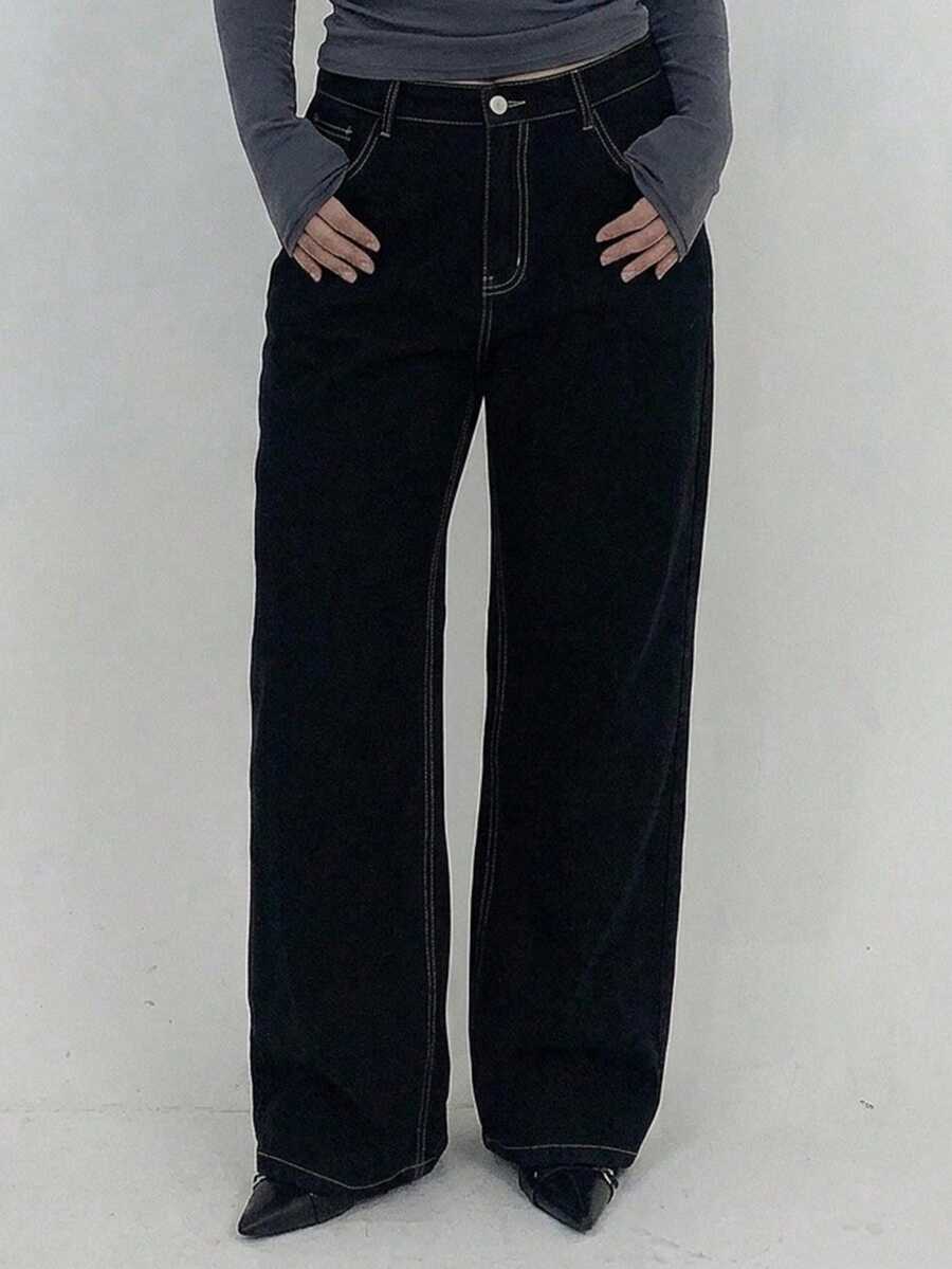 Dazy Plus 素色水洗對比縫線俏皮通勤休閒直筒長版牛仔褲 秋季新品 - 黑色 - 查看 1