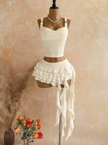 Soleia Women's Vacation Casual Solid Color Tank Top & Ruffle Hem Skirt 2 Pieces Set - White - View 4