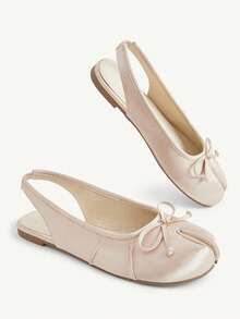 CUCCOO CHICEST Sepatu Balet Wanita Satin Berkerut dengan Pita, Ujung Terpisah, Ujung Bulat, Elegan, Warna Beige, Sepatu Kasual Sehari-hari - Aprikot - View 8