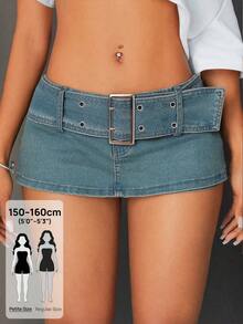 SHEIN PETITE Vintage Street Style Going Out Medium Blue Washed Distressed Sexy Button Pocket Belted High Waist Daily Wear Denim For Women - Medium Wash - View 1