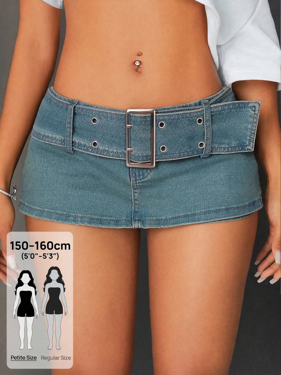 SHEIN PETITE Vintage Street Style Going Out Medium Blue Washed Distressed Sexy Button Pocket Belted High Waist Daily Wear Denim For Women - Medium Wash - View 1