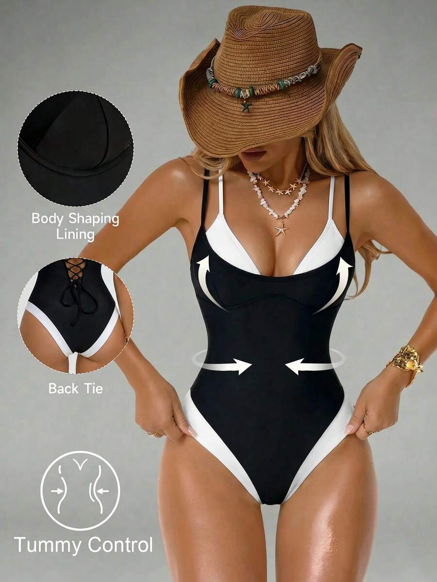 Shapewave Women's Sexy Fashion 2 In 1 One-Piece Swimsuit For Beach Party Vacation Black Summer - Black and White - View 1
