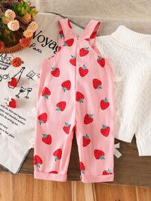 SHEIN Playful Pals Baby Girls Casual Style Corduroy Printed Overalls, Spring/Summer/Autumn/Winter, Pink With Apricot Bow Decor, Loose Straight Leg Fit, Soft Comfortable Fabric, Versatile For Daily Casual Wear - Pink - View 3
