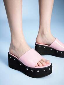 Sugerpunk Women Heeled Sandals With Open-Toed Thick-Soled Locomotive Rivets Slippers - Pink - View 10