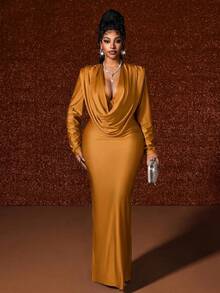 Maweii Plus Size Deep V-Neck Ruched Party Dress Fall - Mustard Yellow - View 1