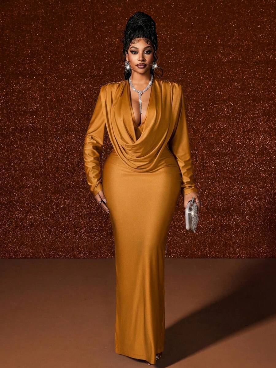 Maweii Plus Size Deep V-Neck Ruched Party Dress Fall - Mustard Yellow - View 1