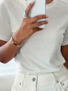 DAZY Street Rhinestone Round Neck Short Sleeve T-Shirt Music Festival - White - View 1