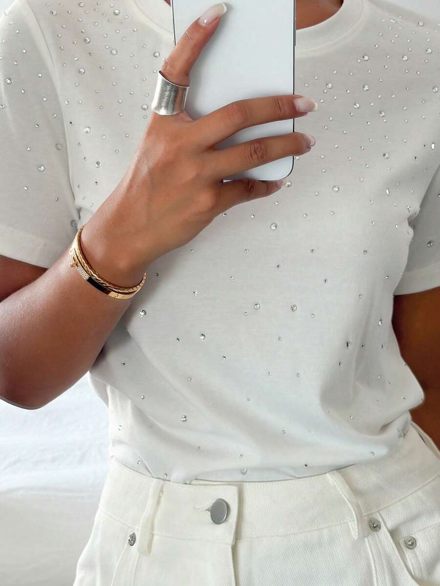 DAZY Street Rhinestone Round Neck Short Sleeve T-Shirt Music Festival - White - View 1