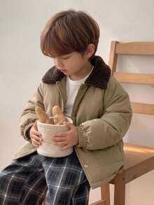 DAZY Young Boy Contrast Color Lapel Long Sleeve Single-Breasted Winter Jacket - Army Green - View 1