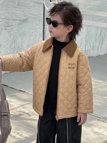 Dazy Kids Young Boy Letter Pattern Colorblock Zip-Up Casual Winter Travel Padded Coat - Khaki - View 4