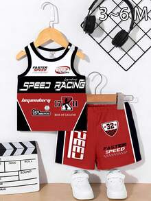 Set de 2 piezas de top de tirantes con estampado gráfico de logo de coche de carreras y shorts a juego con logo, estilo casual y elegante para niño, adecuado para salidas de verano - Multicolor - Ver 5