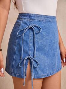 Elaquor Plus Size Women's Side Tie Waist Split Hem Casual Sexy Loose Fit Denim Skirt Date Night Birthday Club Blue Summer - Medium Wash - View 11