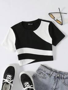 SHEIN Franclia Tops con gráficos de mujer con cuello redondo de dos tonos - Blanco y Negro - Ver 3