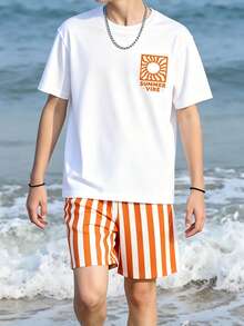 SHEIN 條紋與太陽夏季英文圖案短袖上衣與短褲套裝，春夏休閒戶外運動圖案設計，適合戶外野餐、街拍、度假風、日常穿著，夏季服飾 - 彩色 - 查看 4