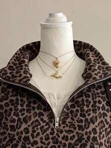 SHEIN EZwear 經典豹紋半拉鍊女款運動衫，棕色調，秋季休閒街頭風，適合多種場合，Y2K復古風，返校季秋冬上衣 - 彩色 - 查看 3