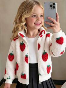 Elladie kids 1件少女甜美可愛草莓拉鍊立領加厚抓絨外套，適合春秋冬季日常休閒出遊 - 紅色 - 查看 6