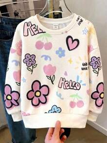 SHEIN 青少年女孩寬鬆休閒圓領卡通圖案柔軟極簡風套頭運動衫 秋冬款 - 米色 - 查看 2