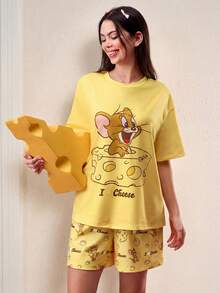 TOM & JERRY X SHEIN 女士黄色奶酪杰瑞卡通印花睡衣短袖套装女士睡衣圣诞睡衣情人节趣味T恤春夏两件套女士 - 黃色 - 查看 1