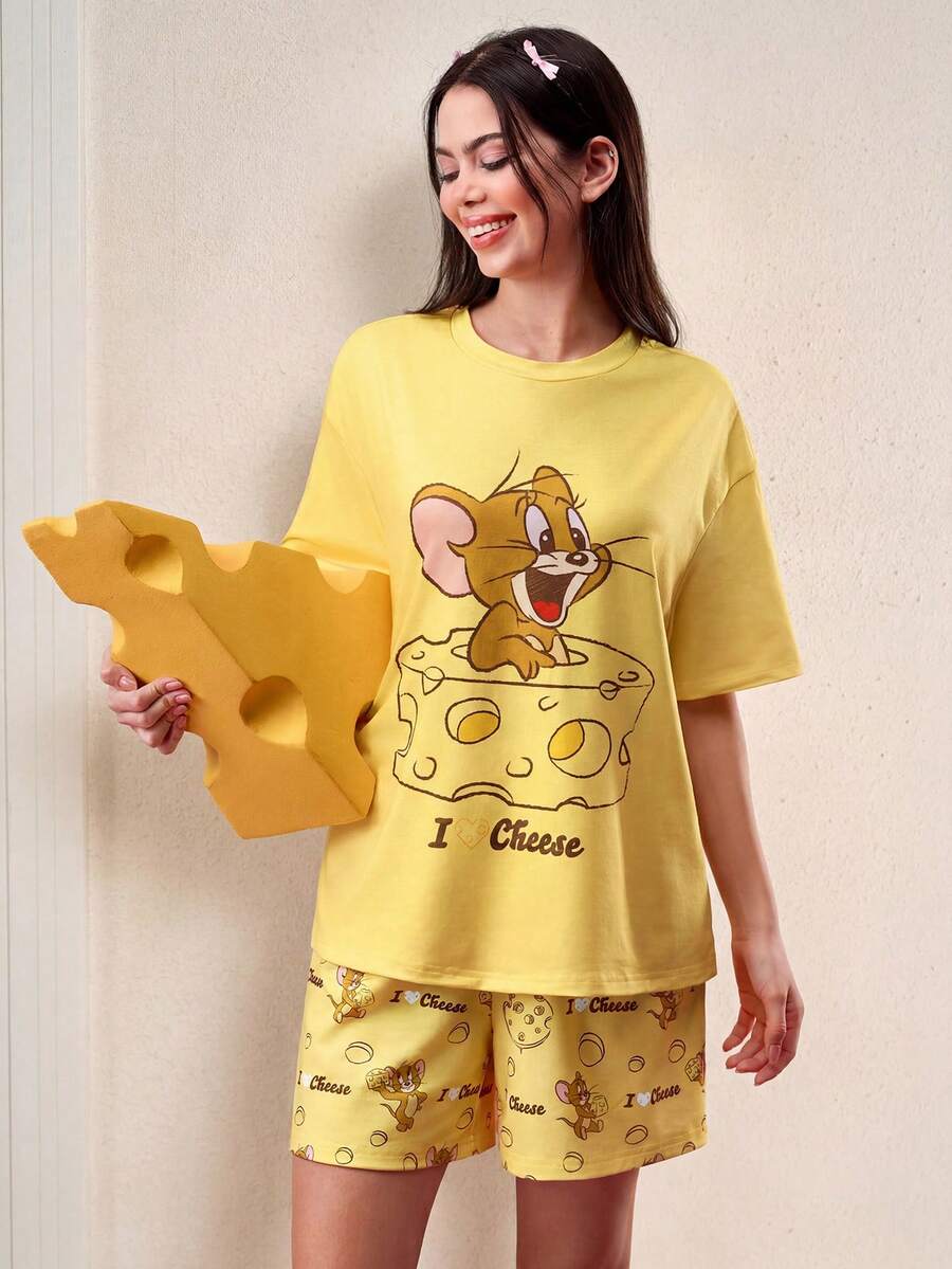 TOM & JERRY X SHEIN 女士黄色奶酪杰瑞卡通印花睡衣短袖套装女士睡衣圣诞睡衣情人节趣味T恤春夏两件套女士 - 黃色 - 查看 1