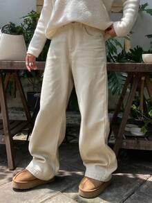 Livesso Tall Celana Jeans Denim Kasual Wanita Model Lurus Longgar dengan Lapisan Termal untuk Musim Gugur/Dingin - Putih - View 4