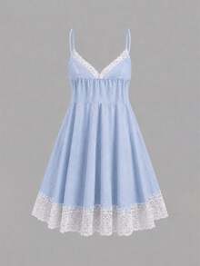 Sunnyshic Women's Fashion Lace Patchwork V-Neck Spaghetti Strap Mini Dress - Blue - View 4