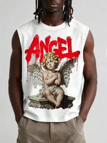 Manfinity EMRG 男士白色無袖背心，哥德式天使雕塑印花 + 紅色「ANGEL」字母圖案鉚釘裝飾上衣，街頭風休閒無袖T恤，適合春夏、音樂節、派對、外出與日常穿著 - 彩色 - 查看 2