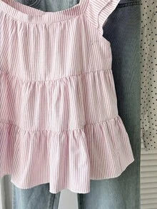 SHEIN Teen Girl Teen Girls Spring Summer New Pink And White Fresh Woven Striped Casual Vacation Umbrella Hem Multi-Layered Doll Style Tank Top, Casual Wear, Summer Outfit - Pink - View 4