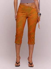 MUSERA Asymmetric Dipped Front Cut Out Lace Up Animal Print Fitted Capri Pants Cute Sexy Holiday Spring Summer Festival Cool Girl Vintage Evening Party Vacat - Orange - View 2