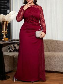 Reflora Plus Size Women's Lace Patchwork Pleated Elegant Cinched Waist Party Dress,Elegant Long Party Dress,Mother,Luxury Evening Dress For Women,Party Dress - Burgundy - View 5