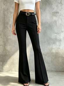 SHEIN Franclia Damen einfarbige Hose mit hoher Taille, Zahnstochenstreifen-Design, weiter Schnitt für Lässig/Büro - Schwarz - Übersicht 5
