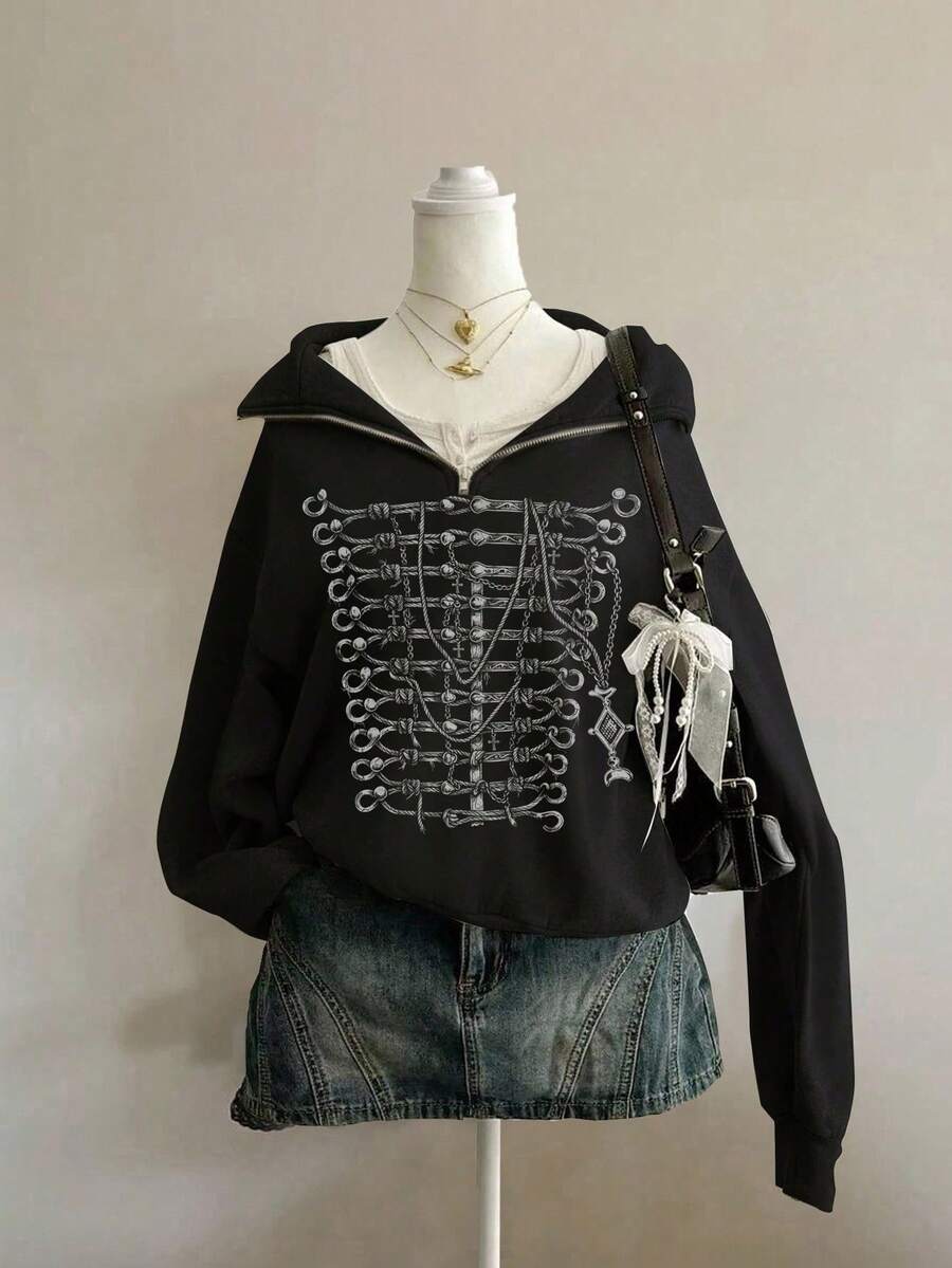 SHEIN EZwear 秋季新款 Grunge 個性化 Napo 拿破崙花卉圖案 寬鬆灰色半拉鍊高領薄款運動衫套頭衫,Y2K、音樂節、萬聖節、派對、畢業季、約會、聚會 - 黑色 - 查看 1