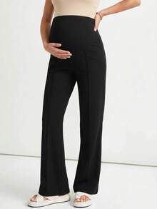 SHEIN Legging Santai Hamil Warna Polos dengan Pinggang yang Dapat Diatur - Hitam - View 4