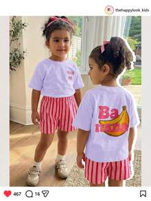 THE HAPPY LOOK طقم 2 قطعة للبنات الصغيرات: ملابس علوية بولوفر محبوكة ناعمة بنقشة فواكه، ياقة دائرية، أكمام قصيرة وأكتاف منسدلة & شورت مخطط - ارجواني فاتح - مشاهدة 8