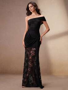 Anewsta Women's Asymmetrical Shoulder Short Sleeve Waist-Cinching Twisted Decor Mesh Elegant Evening Dress - Black - View 3