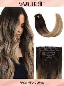 7 PIEZAS Extensiones de cabello con clip recto 100% cabello humano real de 14-24 pulgadas 115G Doble trama Extensiones de cabello con clip invisibles Cabello humano Remy natural para uso diario de mujeres y niñas - T2/4/22 - View 1