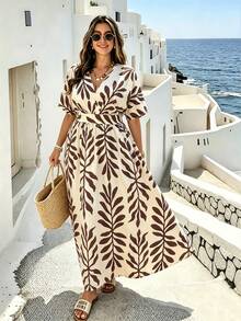 Ceyna Plus Size Tropical Vacation Style Leaf Print V-Neck Waist-Defining Summer Dress - Khaki - View 1
