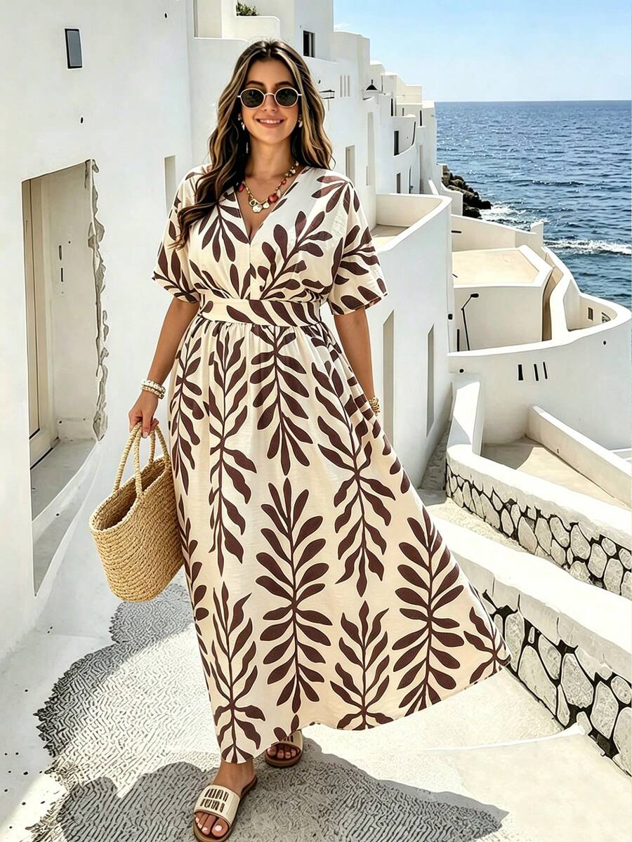 Ceyna Plus Size Tropical Vacation Style Leaf Print V-Neck Waist-Defining Summer Dress - Khaki - View 1