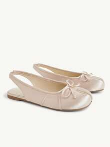 CUCCOO CHICEST Sepatu Balet Wanita Satin Berkerut dengan Pita, Ujung Terpisah, Ujung Bulat, Elegan, Warna Beige, Sepatu Kasual Sehari-hari - Aprikot - View 7
