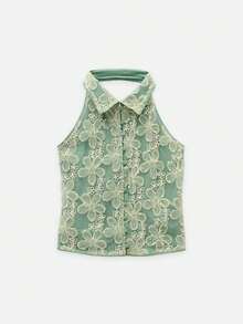 Nöista Sage Green Crochet Lace Top With Floral Embroidery For Summer Vacation Casual Elegant Romantic Chic Looks Brunch Tea Party - Green - View 12