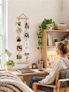 18Pcs Wall Mounted Photo Display Hanging Set Including 1 Rack 15 Clips 1 Self Adhesive Hook 1 Metal Hook Natural Wood Clips Jute Rope Minimalist Scandinavian Style No Drill Space Saving For Bedroom Dorm Studio Entryway Desk Party Decor - multicolor - View 4