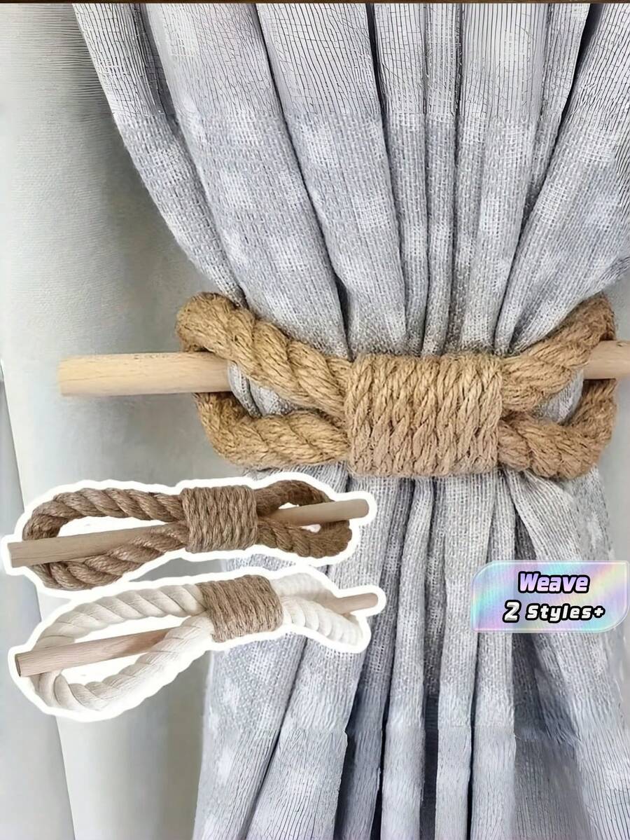 1PC Solid Wood Stick Thickened Hemp Rope Durable Sturdy Rustic Easy Curtain Tie Back Holder For Bedroom Living Room Window Curtain Decorative Home Office Dormitory Accessory Nonslip Adjustable Natural Brown Versatile Window - multicolor - View 1