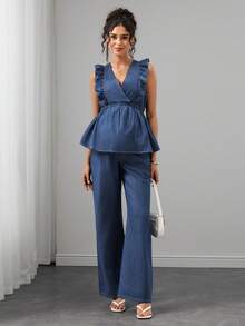 Momance Maternity Fashion Ruffle Denim Set Babyshower Formal Sky Blue Summer Casual Cute Chic Elegant Baby Shower Business Baby Blue - Medium Wash - View 3