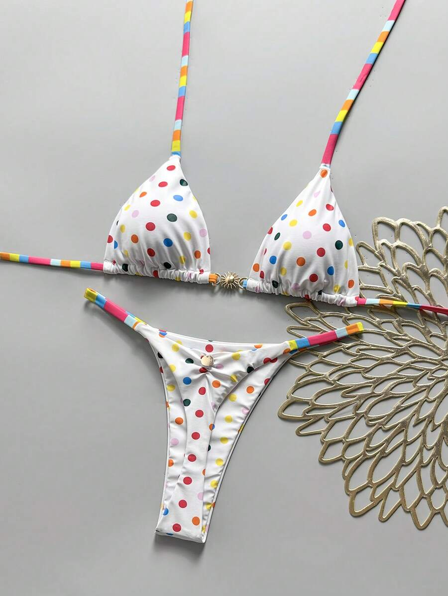 Swim Mod 女款春夏美式國旗印花露背三角比基尼套裝,抓皺T字背泳褲,2件式海灘裝,適合日 - 彩色 - 查看 1