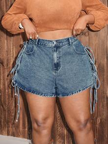 Slaydiva Plus Size Summer Casual Side Slit Lace-Up Denim Shorts - Blue - View 4